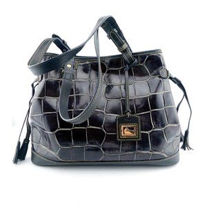 DOONEY BOURKE Large Purple Croc Print Leather Tasseled Satchel Shoulder Bag